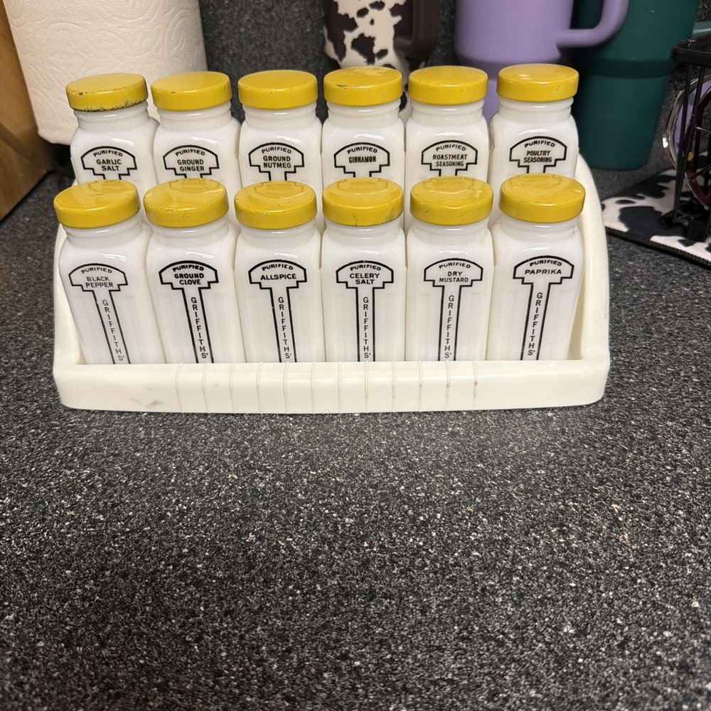 Vintage Griffiths ceramic /milk glass Spice Rack Set 11 Jars White/Yellow Lids